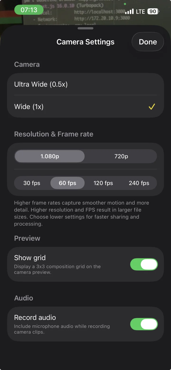KineVision camera interface showing the main capture settings used for sports recording.