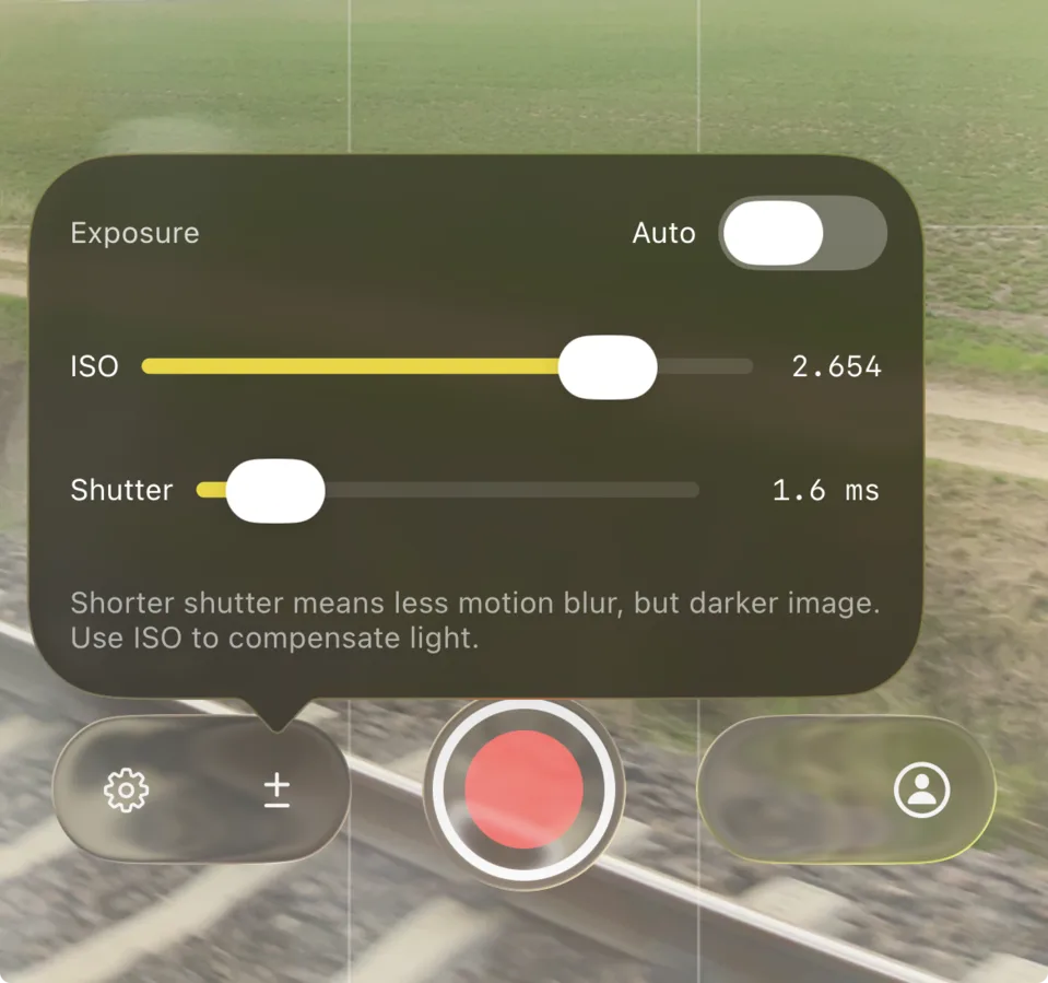 KineVision shutter speed control configured manually for sports recording.