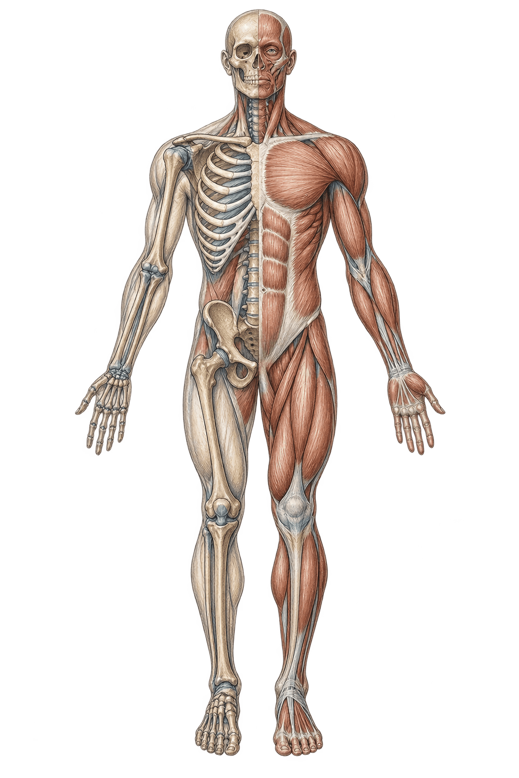 Anatomical sketch showing the human skeleton and musculature